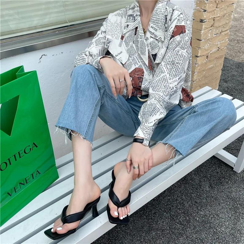 2024 Летняя мода Шлепанцы с квадратным носком Женские тапочки Туфли на высоком каблуке Женские мюли Шлепанцы для женщинld5f