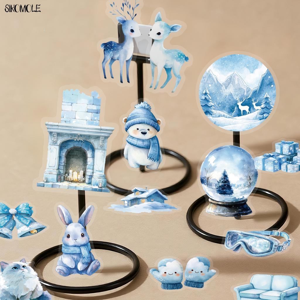 56pcs Transparent Cartoon Blue Winter Stickers Pack Waterproof PET Bookkeeping Material Decorative Car Notebook Graffiti Sticker