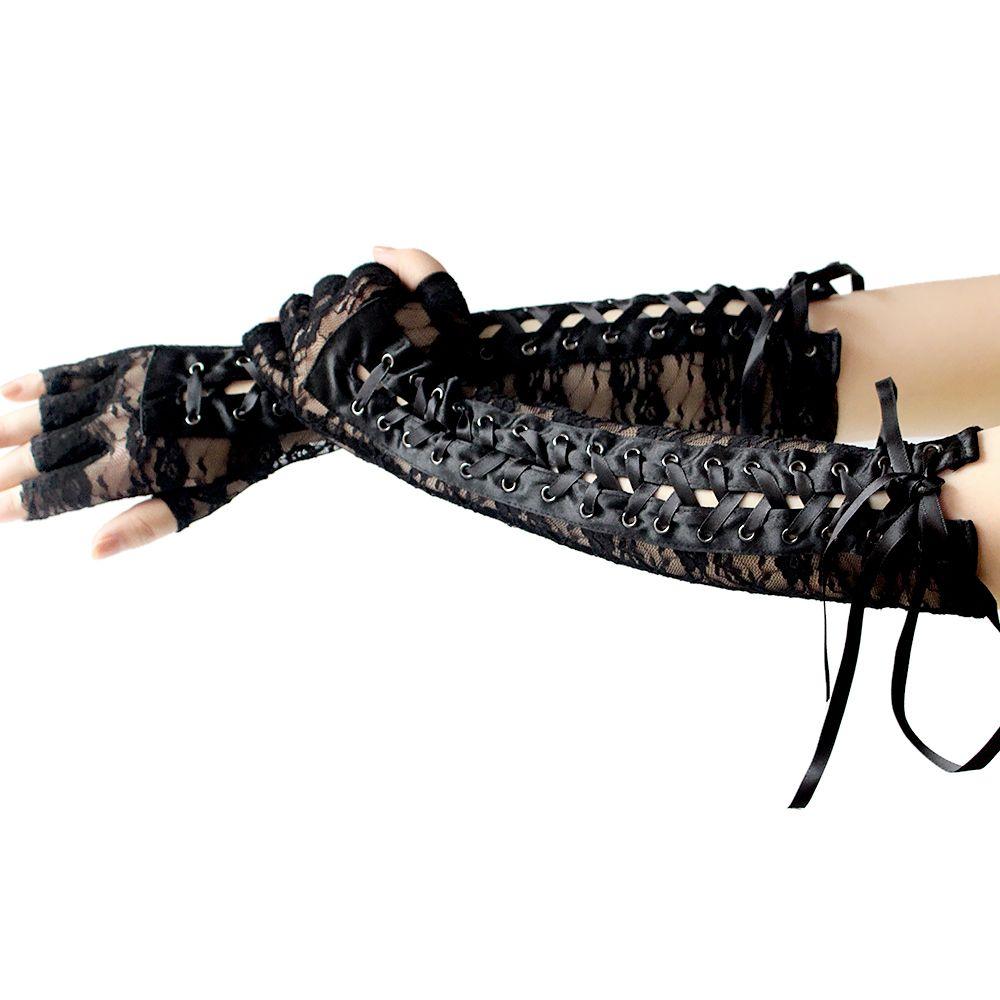 Party Cosplay Ritual Dance Fingerless Silk Ribbon Halloween Gloves Punk Gothic Mittens Lace Gloves