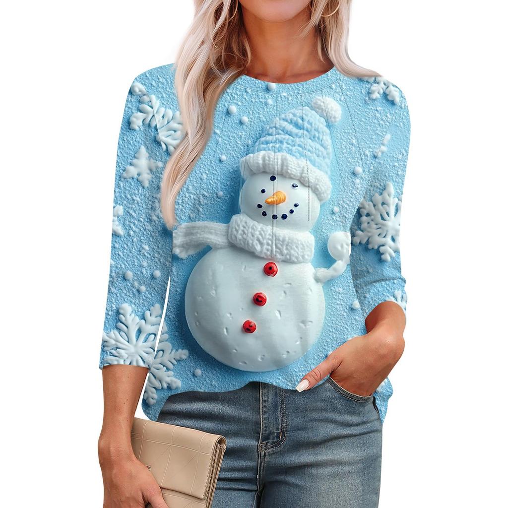 Женская модная футболка с круглым вырезом и рукавом 3/4 с принтом, повседневная, базовая, плиссированная, пуловер