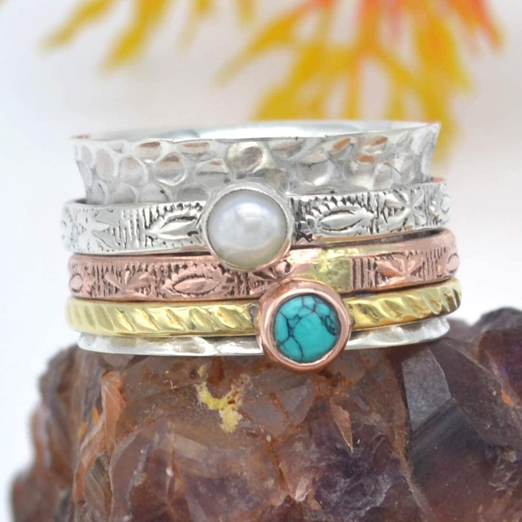 Pearl & Turquoise Ring, Spinner Ring, Handmade Ring, Meditation Ring, Gift For Her, Anniversary Gift, Solid Ring