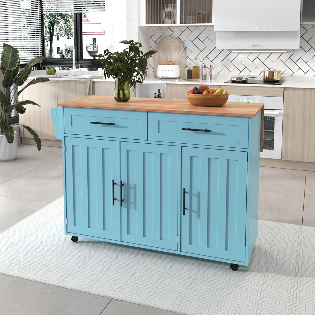 129X46(71)x91.5 cm large dining cart/sideboard, solid wood grain + blue cabinet/foldable worktop/storage door design/wheels/wood feet interchangeable
