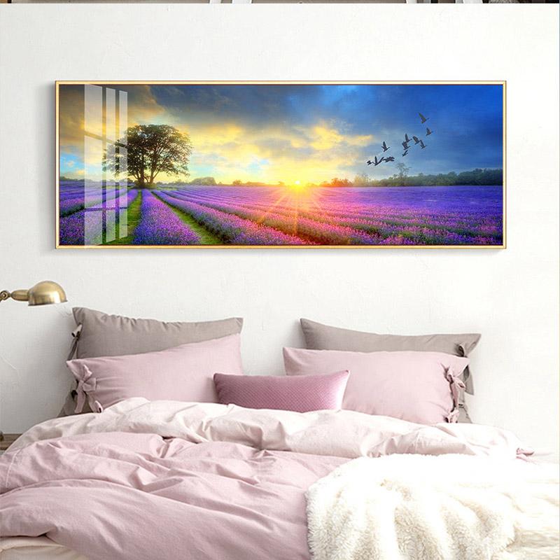 Пейзаж фиолетовое лавандовое поле дерево птица взлет холст картины постеры и принты настенное искусство фотографии домашний декор без рам