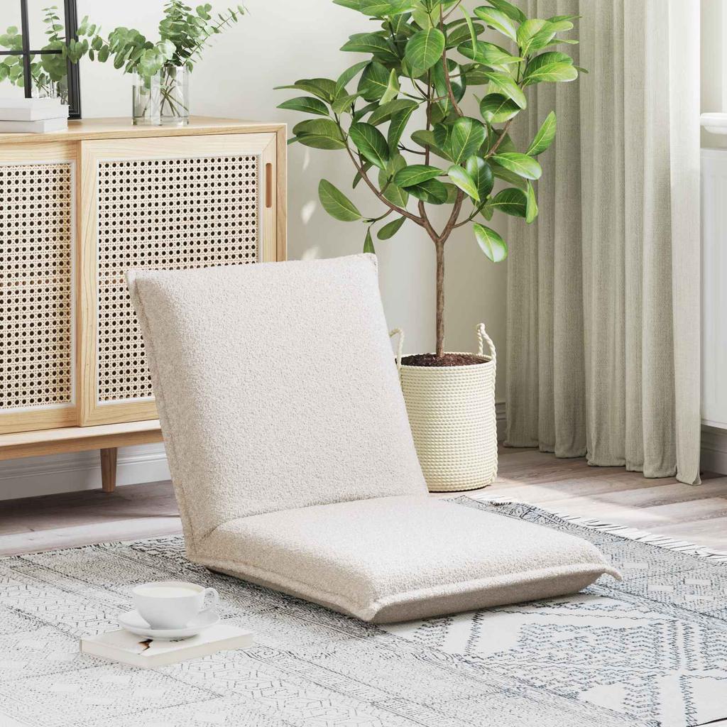 Adjustable Floor Footstool Cream Shaggy Fabric