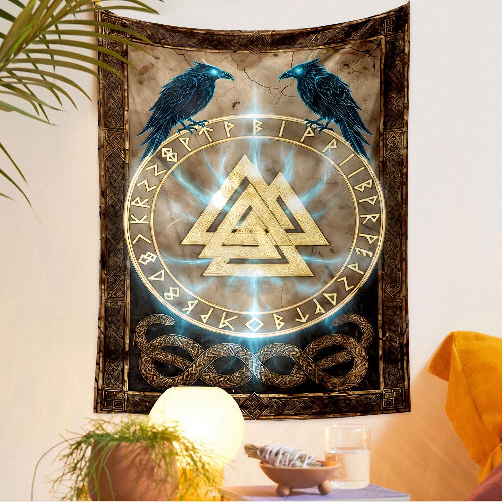 Odin Ravens Tapestry Wall Hanging, Norse Runes Double Raven Art, Viking Wall Decor for Bedroom Living Room Dorm