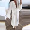 Элегантные белые свободные марлевые длинные платья женские повседневные с V-образным вырезом, расклешенным длинным рукавом, длинные халаты, новое женское уличное офисное платье