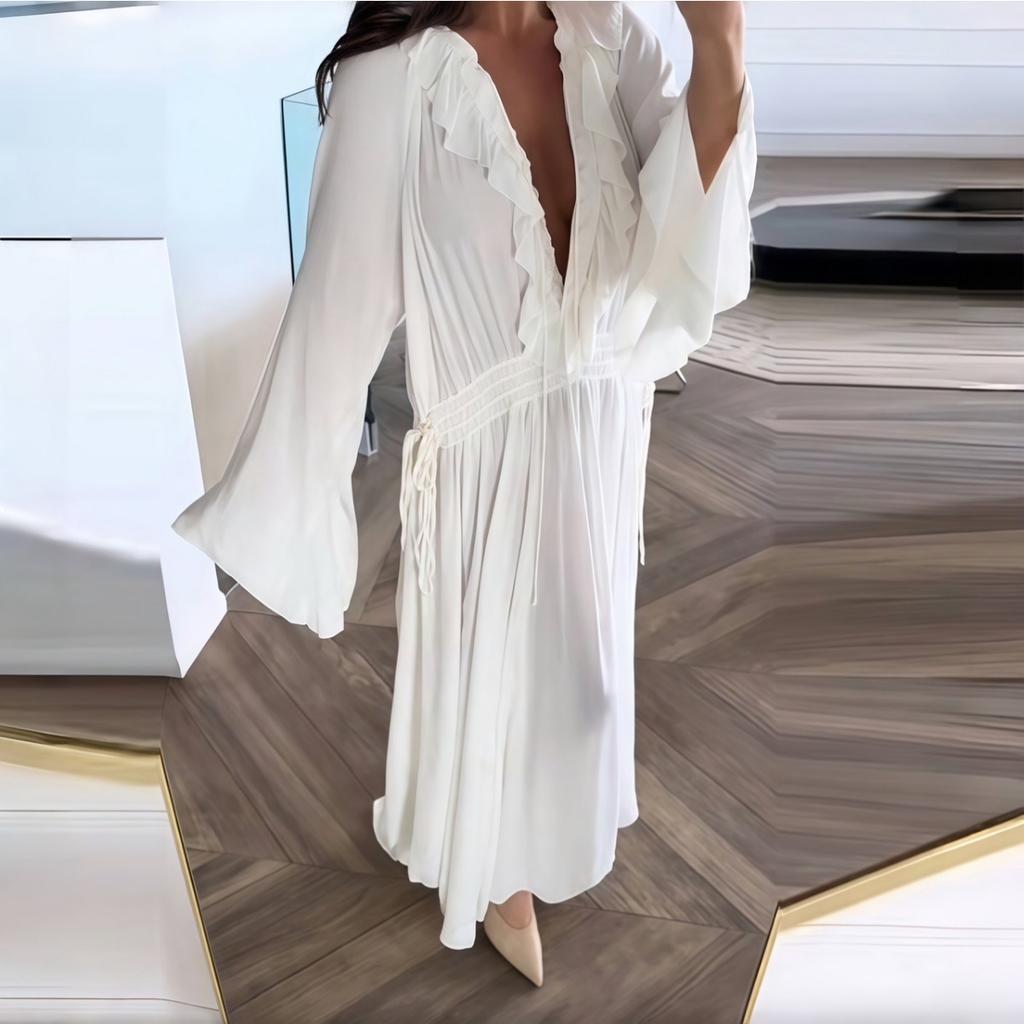Элегантные белые свободные марлевые длинные платья женские повседневные с V-образным вырезом, расклешенным длинным рукавом, длинные халаты, новое женское уличное офисное платье