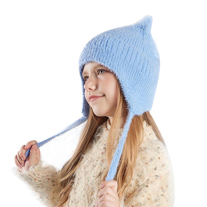 Новые детские шапки, милые вязаные шерстяные шапки с кошачьими ушками, зимние шапки для мальчиков и девочек, детские защитные капюшоны, модные уличные теплые цветные шапки