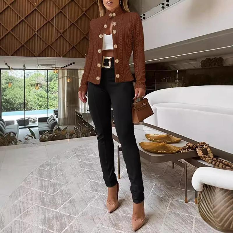 Весна Осень Модная Металлическая Пряжка Украшение Воротник-стойка Длинные Рукава Slim Fit Куртка Женская Одежда