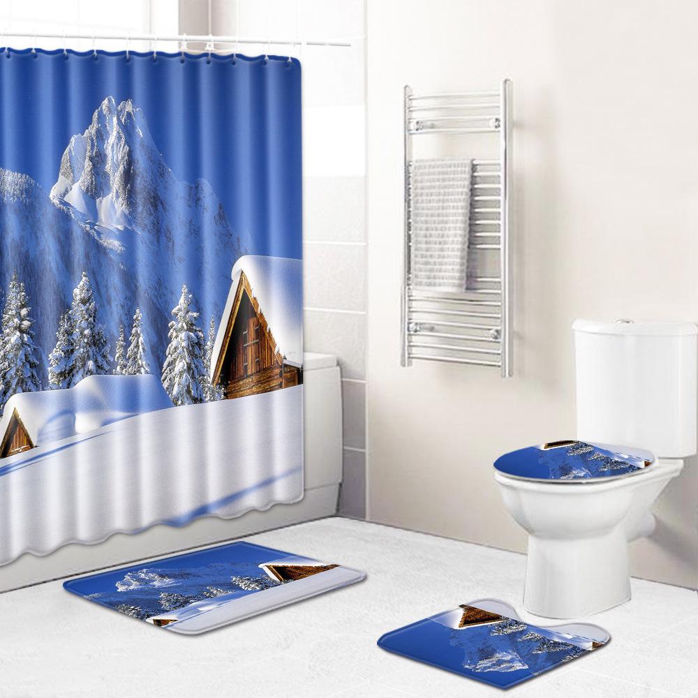 Landscape Shower Curtain Floor Mat Combination Four-Piece Set Bathroom Floor Mat Household Door Mat Bedroom Living Room Carpet