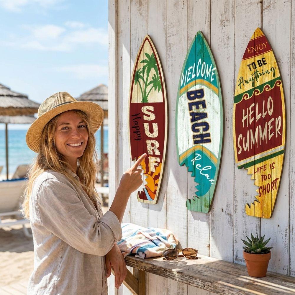 3Pcs Vintage Print Surfboard Wall Hanging Hawaiian Style Surfboard Wooden Sign Seaside Wall