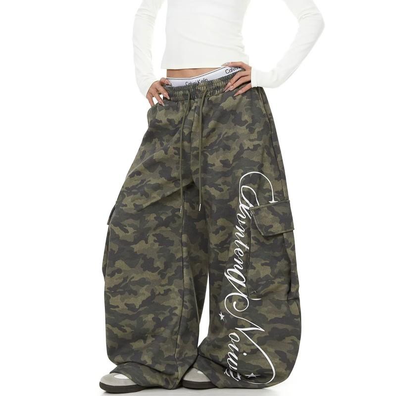 Womens Camo Cargo Pants High Waist Wide Leg Streetwear Hip Hop Dance Trousers Kpop Sweet Cool Style
