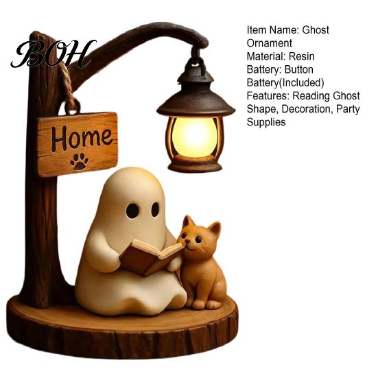 Reading Book Ghost Statue Halloween Figurine, LED Light-up Street Light Resin Spooky Figurine Statue, Cat Desktop Decoration for Holiday Party Cartoon