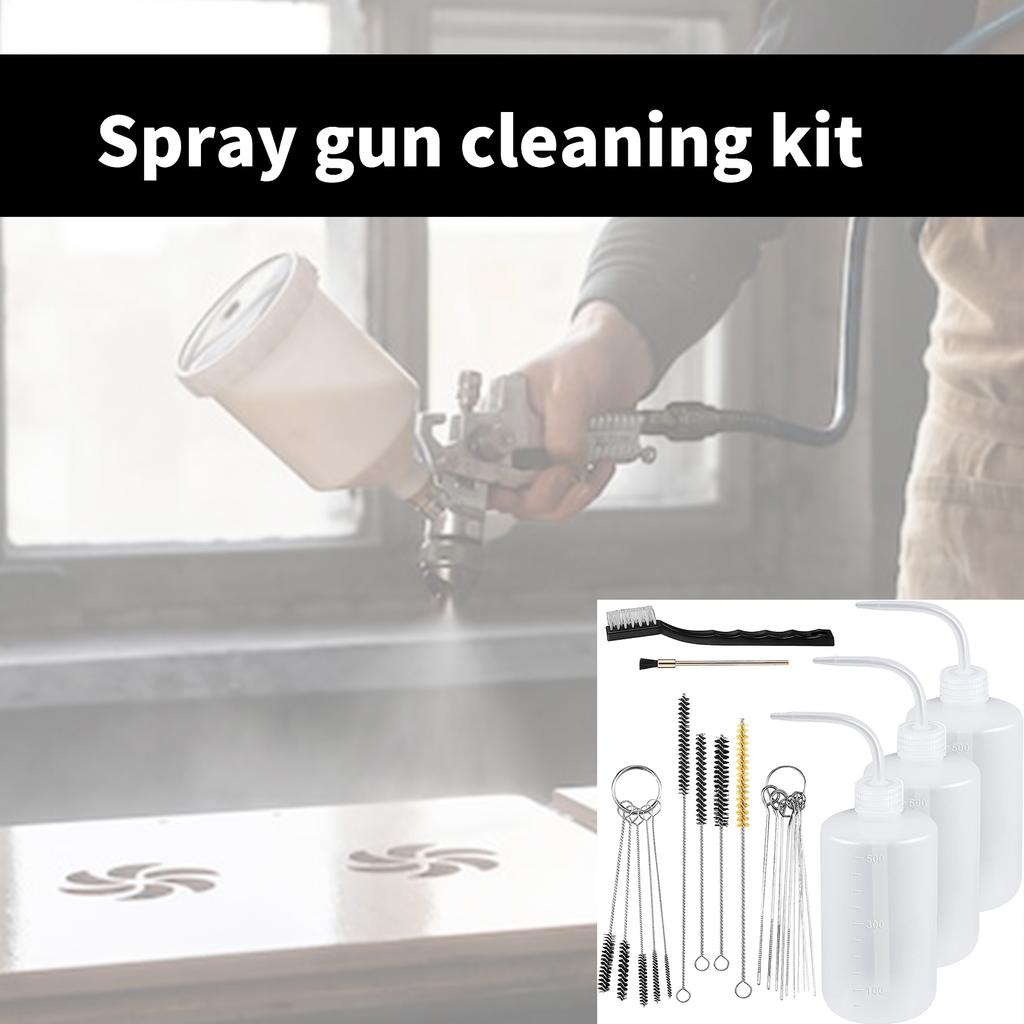 Набор для чистки портативного распылителя из 24 предметов включает 4 моющих бутылки с дозатором и 21 кисть для эффективного обслуживания краскопульта.
