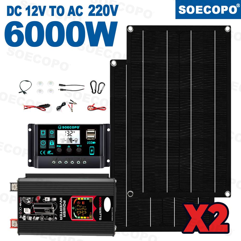 SOECOPO 6000 Вт Комплект солнечной системы для дома, кемпинга, автодома, 2×600 Вт портативные панели, инвертор (Двойной USB, Универсальная розетка), Контроллер 100А