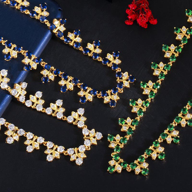CMM Luxurious 3PCS Cubic Zirconia Dubai Gold Color Leaf Earrings Necklace Bracelet Sets
