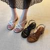 Spot~~ Stepping on shit thick heel thin strap Roman sandals women's summer new wear retro middle heel cross with slippers