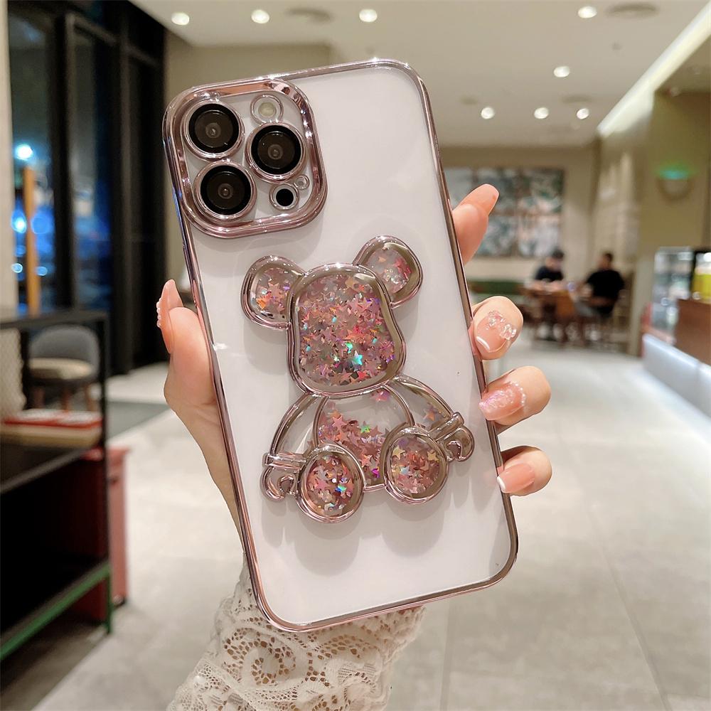 Чехол-брелок с блестками и мишкой для For Iphone 14 16 17 Pro Max 1 Plus Милые гальванические чехлы для For Iphone 1 12 13 11 ProMax