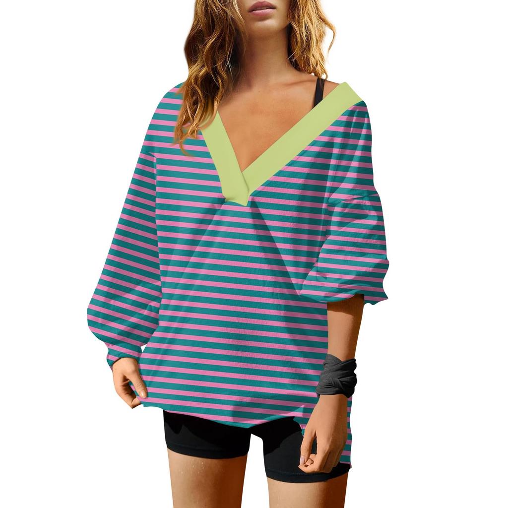 Женская мода полосатый принт V-образный вырез длинный рукав свободный пуловер свитшот топ
