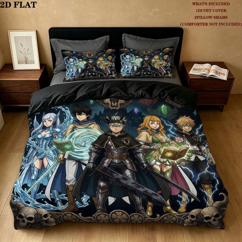 Black Clover Pattern Bedding Quilt Set Quilt Cover Pillowcase Home Birthday Gift(1 * duvet cover + 2 * pillowcase, without core)