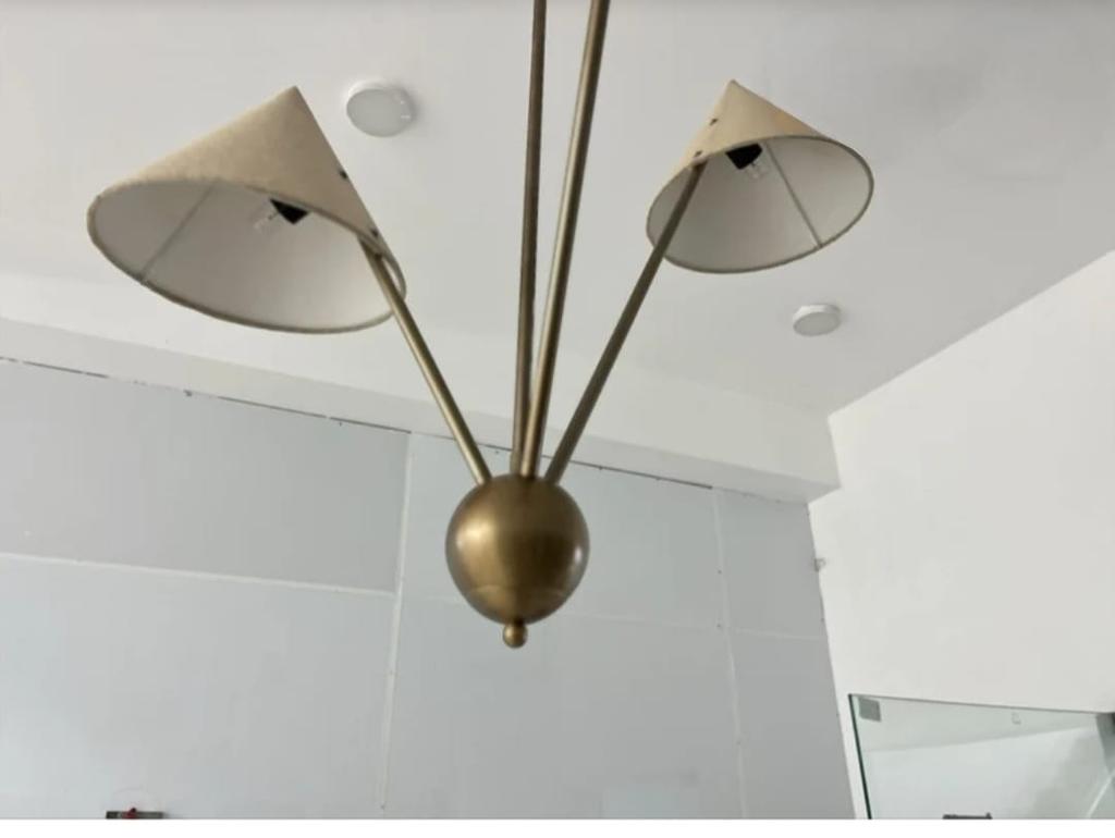 Подвесной светильник с 3 тканевыми абажурами, стиль Mid Century Modern, сырая латунь, люстра-спутник