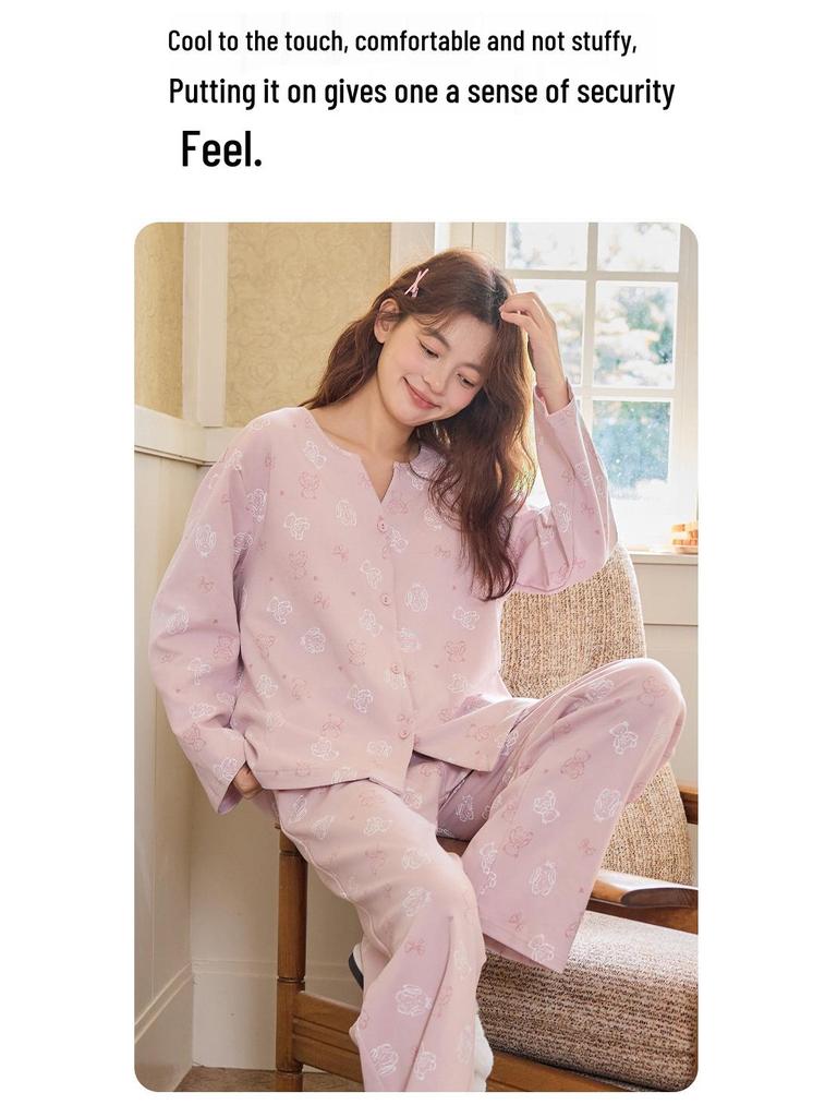 Комплект женской пижамы из чистого хлопка в корейском стиле с вкладышами для груди - Новинка 2025 Весна/Осень Домашняя одежда с длинным рукавом