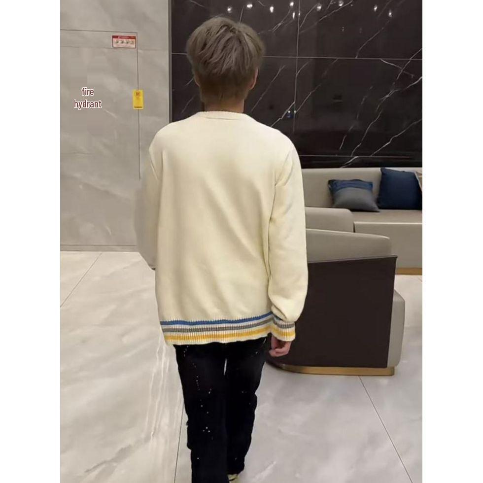 Роскошный вязаный свитер с радужным логотипом, Осень/Зима 2025, Унисекс, Свободный, Повседневный, С круглым вырезом