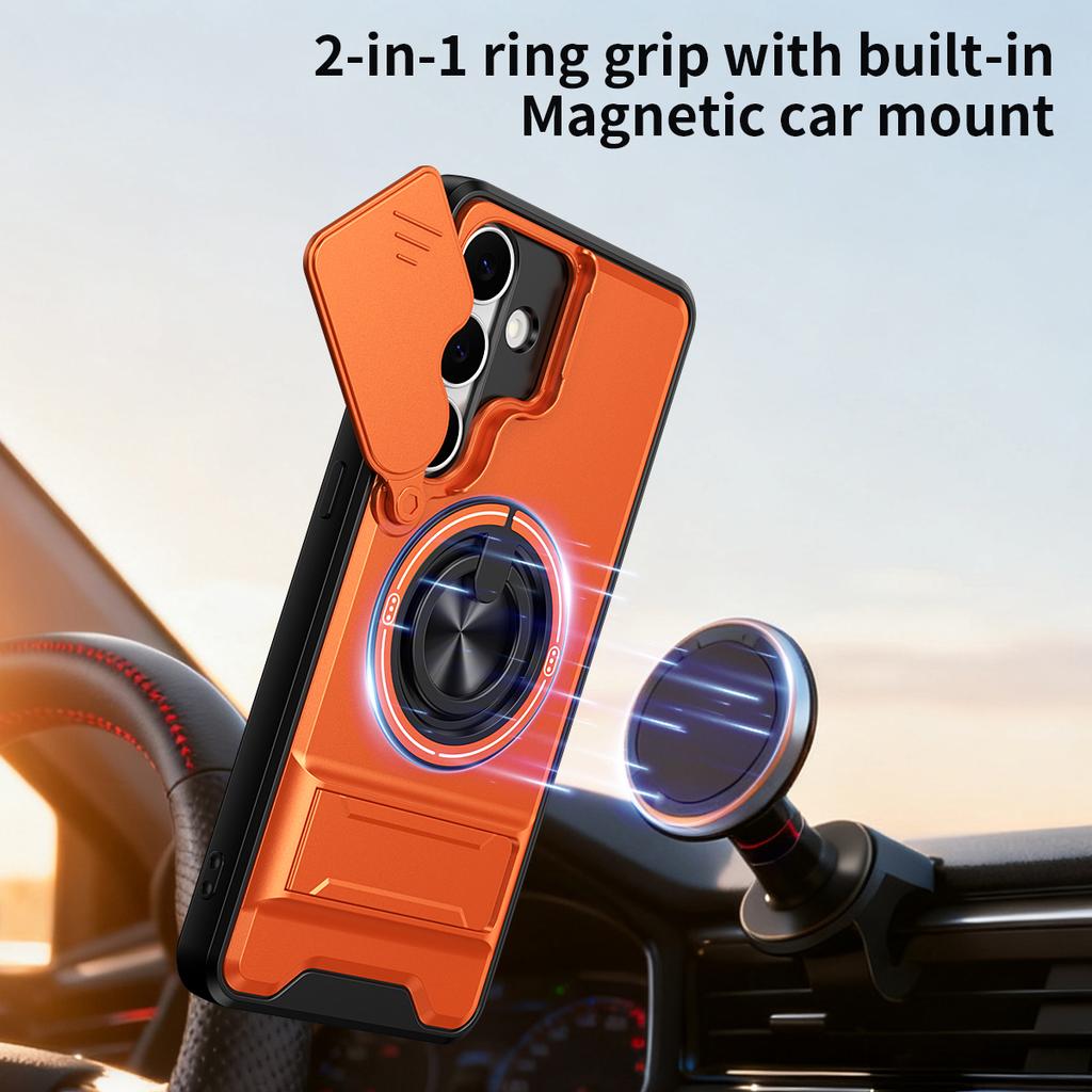 For Samsung Galaxy S25 FE Magnetic Case Ring Holder Foldable Kickstand TPU PC Phone Cover with Camera Lens Slider