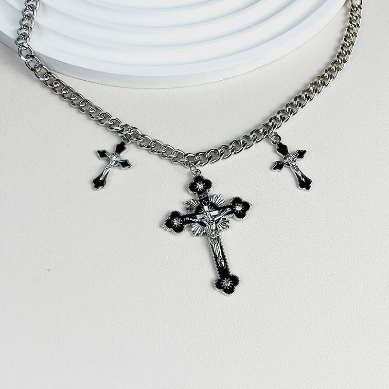 Fashion Gothic Pink Cross Necklace For Women Charm Y2K Red White Rhinestone Metal Choker Chain Trendy Unique Jewelry Gifts