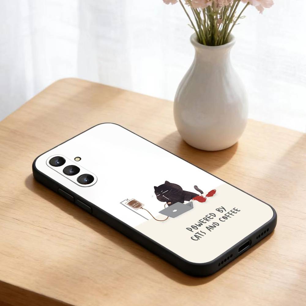 Black Whimsical cat Phone Case For Samsung Galaxy A73,A21s,A22,A31,A52,A53,A71,A41Soft Black Shell