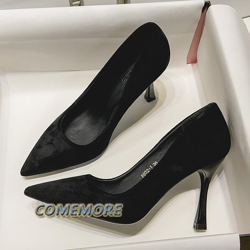 2024 Поступление Корейские Лаконичные Острые Носки Офисные Туфли Женские Модные Классические Черные Однотонные Туфли Из Флока На Высоком Каблуке Для Женщин