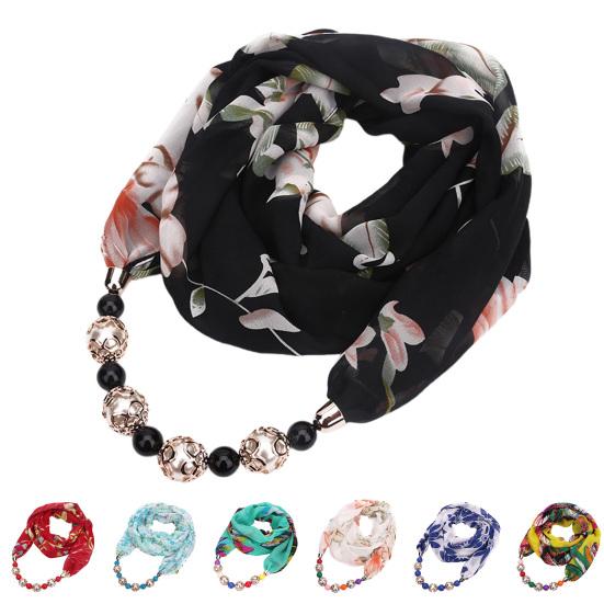 Beads Pendant Floral Print Necklace Scarf Simple Ethnic Style Vintage Chiffon Scarf for Home