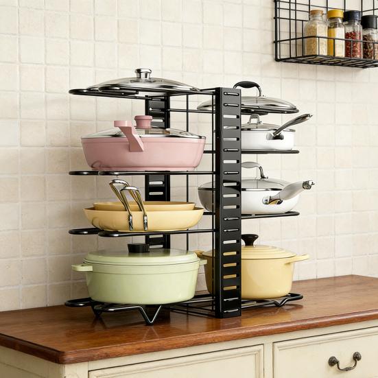 Многоярусный регулируемый органайзер для сковородок, стойка для хранения посуды, держатель для кастрюль и сковородок, подставка для сотейника для кухонной столешницы и шкафа