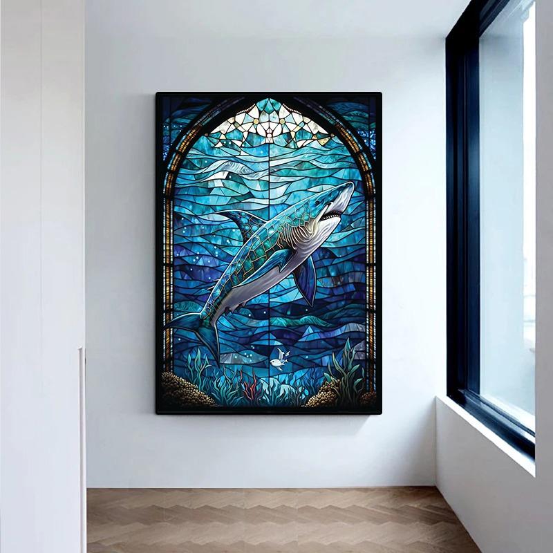 Abstract Sealife Stained Glass Pattern Art Poster Prints Canvas Painting Seahorse Manta Ray Whale Shark Dolphin Home Decor