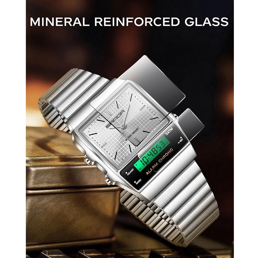 Thin Square Digital Analog Watches Slim Case Waterproof Steel Band Multi Function Retro Wrist Watch Unisex