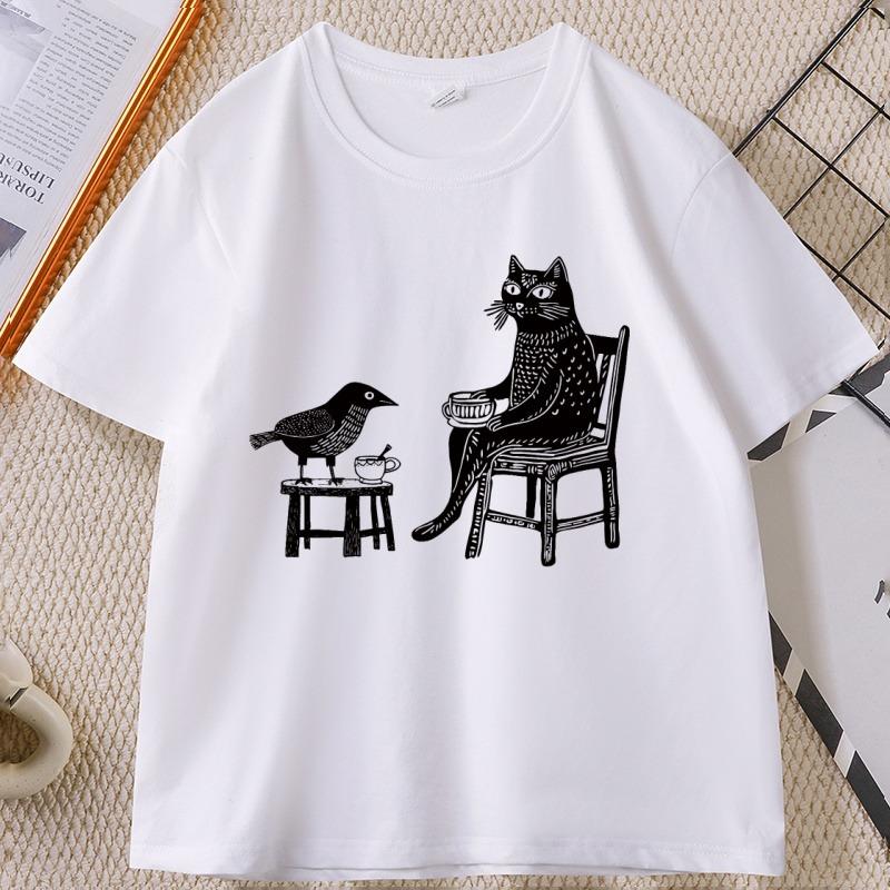 Coffee and Tea with Friends Graphic TShirt Unisex Women Funny Hipster Animal Drawing T Shirt Unique Cat Bird Tshirts Streetwear