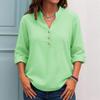 Women's Fashionable Solid Color V Neck Button Long Sleeved Casual Shirt Top