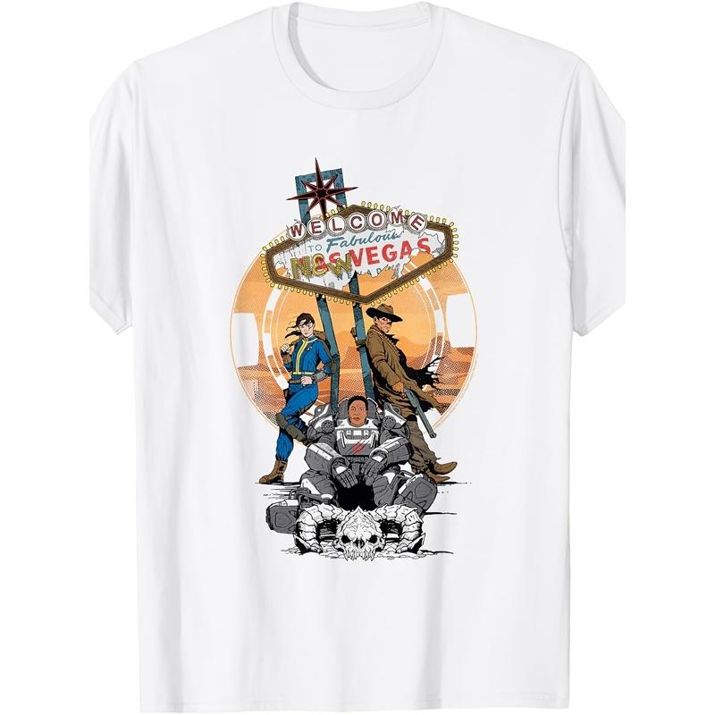 Fallout Welcome To New Vegas Neon Sign With Characters Tv Unisex T-Shirt | Casual Crew Neck, Slight Stretch Fabric, Regular Fit, Print Pattern,