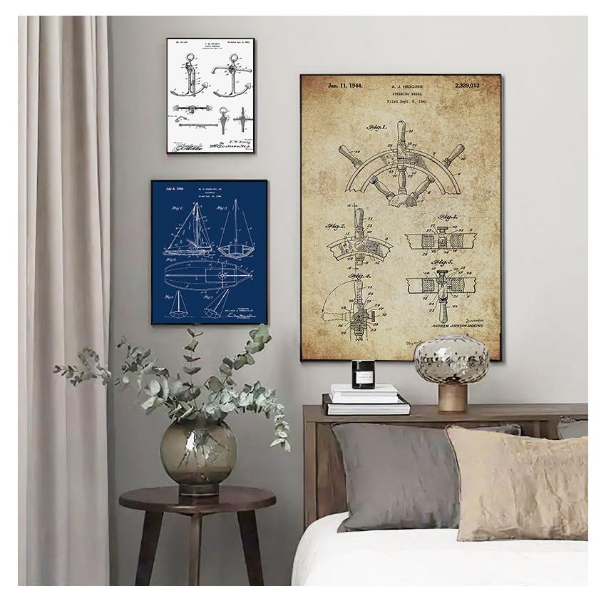 Плакат, подарки моряку, яхта, якорь, колесо корабля, парусный чертеж, морская настенная живопись, холст, картина, парусник, патент, принт, винтаж