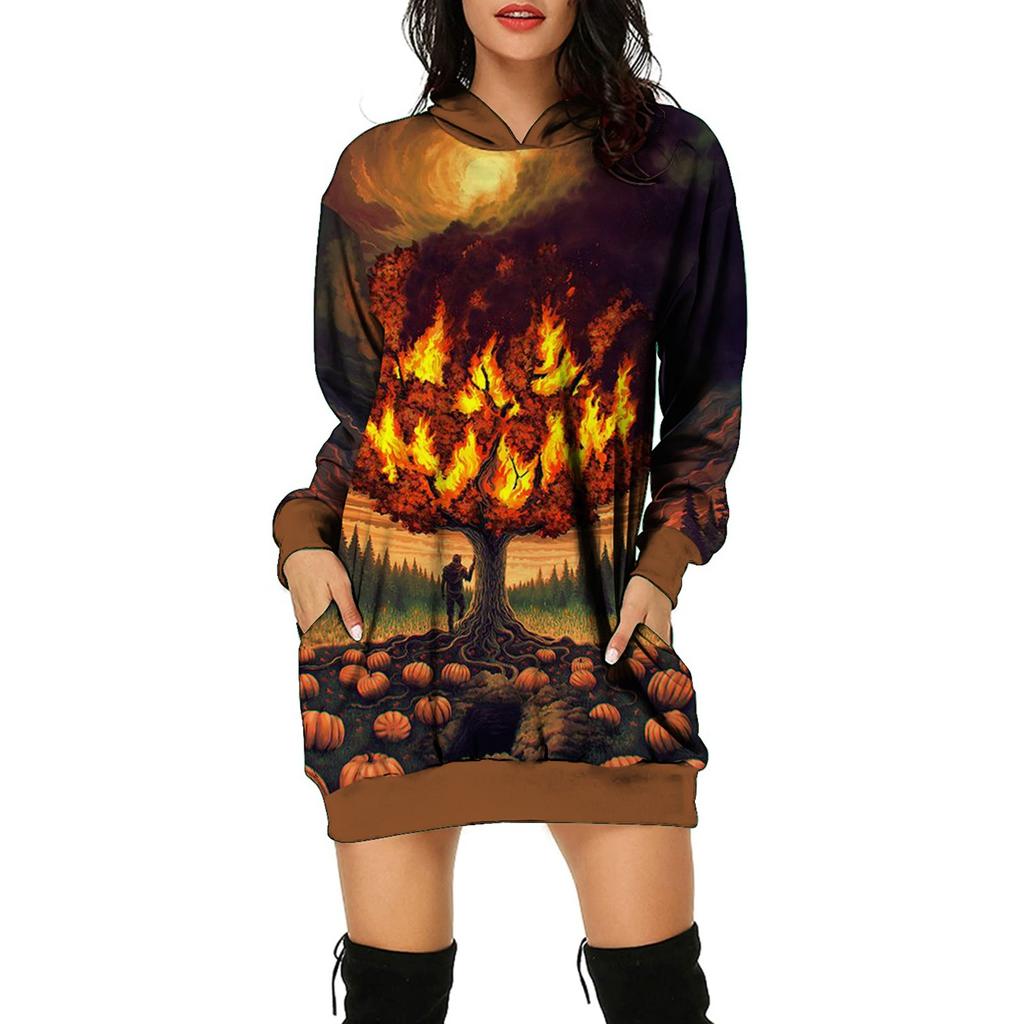 Women's And Winter Hooded Sweatshirt Dress Halloween Print Dress