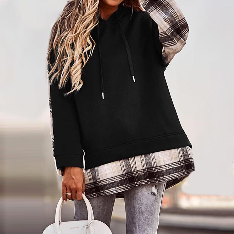 Celmia Autumn Women Plaid Long Sleeved Patchwork Casual Loose Hoodies Sweatshirts