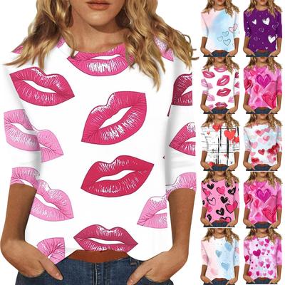 Женская модная повседневная футболка с круглым вырезом и принтом в виде сердца ко Дню святого Валентина, рукав три четверти