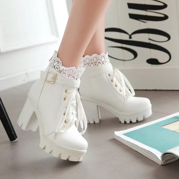 Autumn and Winter Short Boot Block High Heels Women Ankle Boots White Shoes Lace Decor Lace Up Chunky Heeled Platform Boots