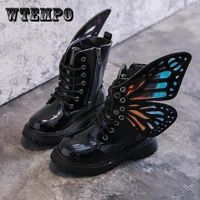 Детские ботинки, осенние сапоги принцессы для девочек, детские однотонные повседневные ботинки в британском стиле с украшением в виде крыльев