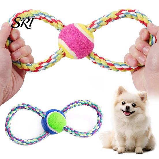 Interactive Dog Toy Pet Toys Figure-8 Shape Chewing Rope with Built-in Tennis Ball Durable Natural Energy Release Cotton Tug of War for Teeth Cleaning