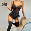 Women Sexy Deep V Sling Bodysuit See Through Heart Lace High Elasticity Romper Solid Color Shaping One Piece Underwear with Underwire