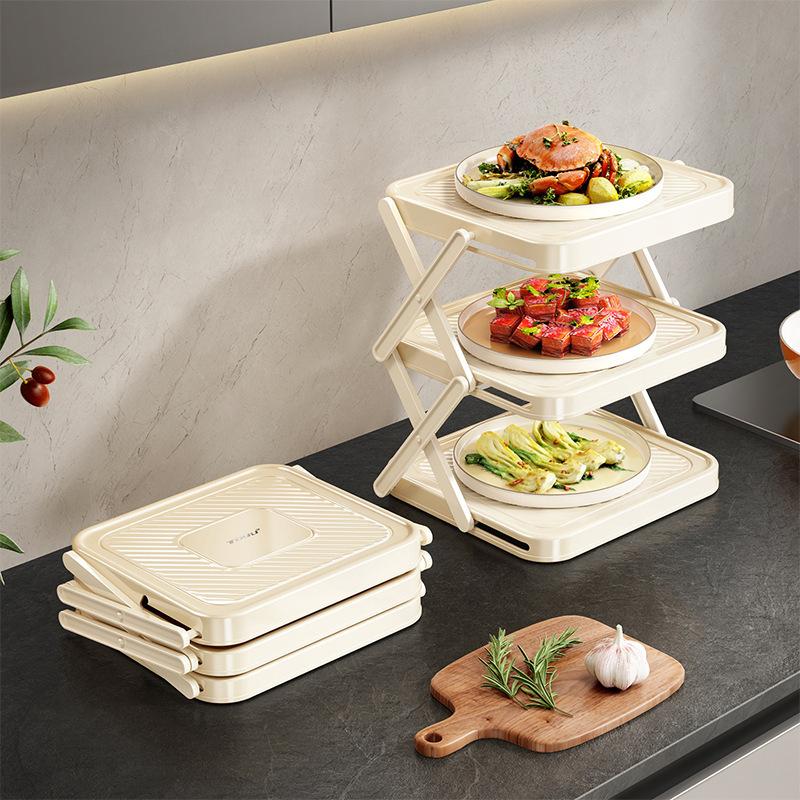 Folding Vegetable Rack Multi-Layer Dish Storage Rack, Space-Saving Kitchen Plate Organizer, Collapsible Food Serving Stand