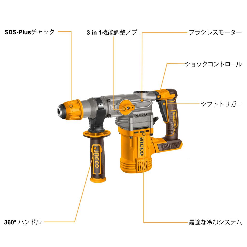 Бесщеточный роторный перфоратор INGCO 20 В, 28 мм, 930 4400, регулировка функций CRHLI20288, литий-ионный, (Только тело), 4.5 Дж, об/мин, уд/мин, ручка 3-в-1,