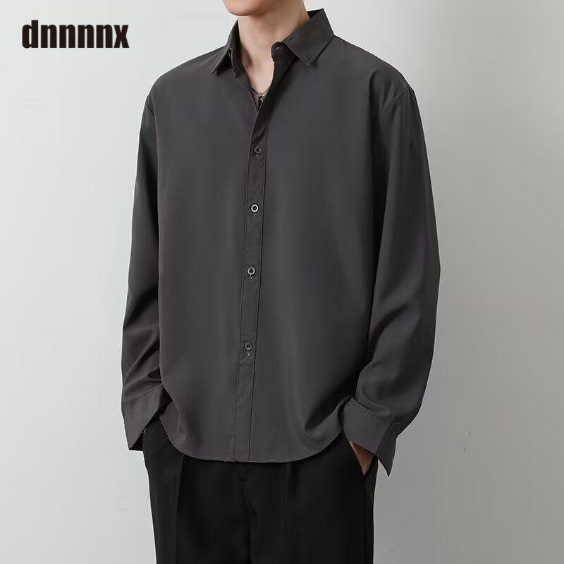 Весенняя Стильная Свободная Однотонная Универсальная Повседневная Рубашка с Длинным Рукавом из Ледяного Шелка для Мужчин Женщин