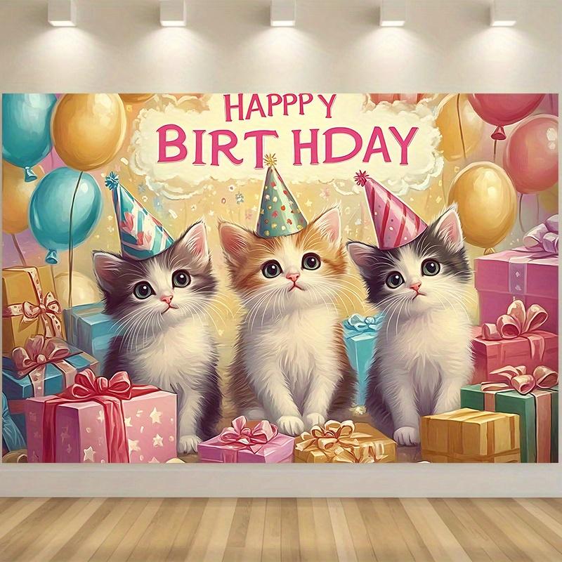Party Backdrop Kittens Adorable Trio Balloons Festive Celebrations Photo Booth Decor Birthday Party Decor